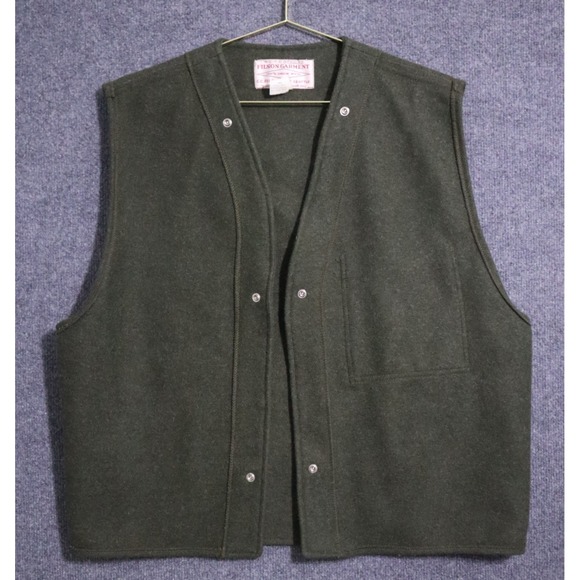 Filson Vest Liner Snap Up Button Style 21 Men 42 Green Virgin Wool EUC